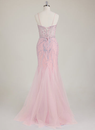 Spaghetti Straps Sweetheart Rhinestone Sequins Tulle Trumpet/Mermaid Maxi Dress